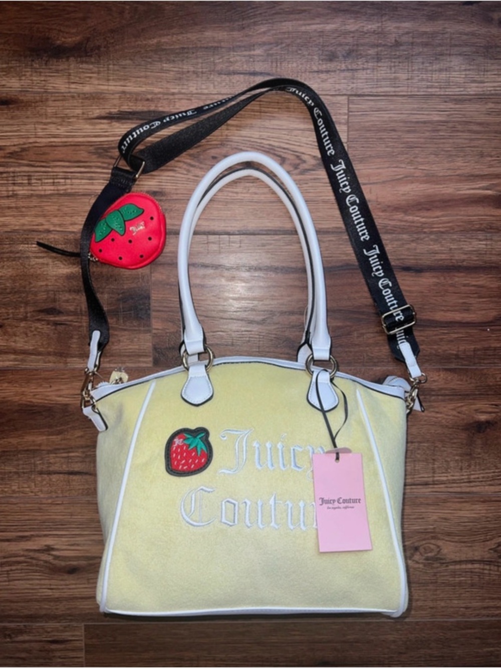 Juicy Couture Yellow Strawbery Patch Satchel with Black Logo Strap